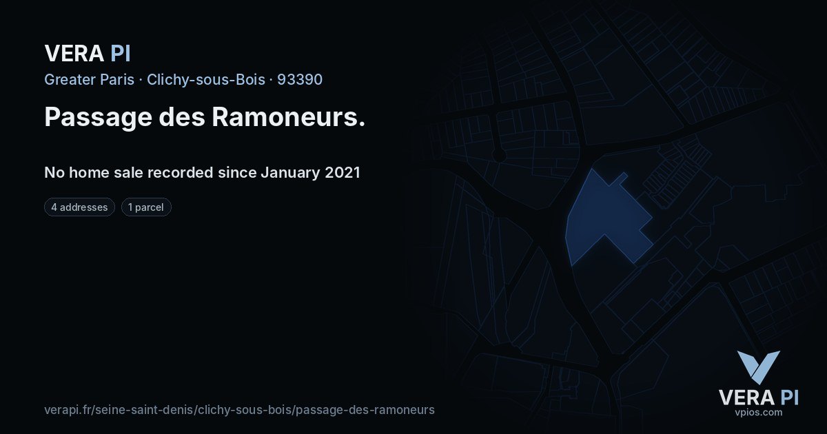 Passage des Ramoneurs, Clichy-sous-Bois at night – every parcel coloured by the prices around it, the street's own parcels lit
