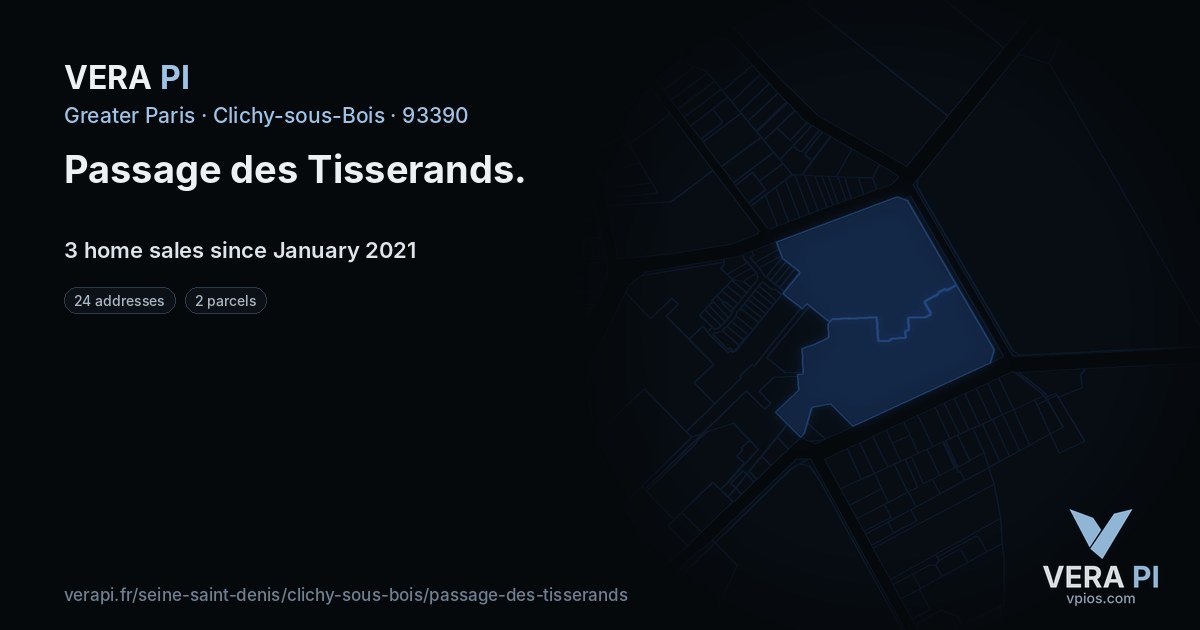Passage des Tisserands, Clichy-sous-Bois at night – every parcel coloured by the prices around it, the street's own parcels lit