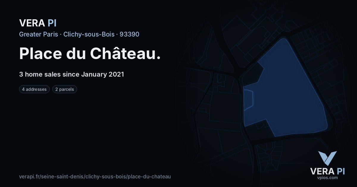 Place du Château, Clichy-sous-Bois at night – every parcel coloured by the prices around it, the street's own parcels lit