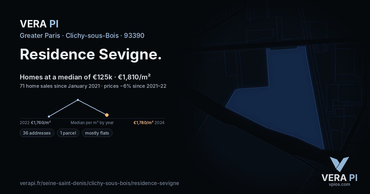 Residence Sevigne, Clichy-sous-Bois at night – every parcel coloured by the prices around it, the street's own parcels lit