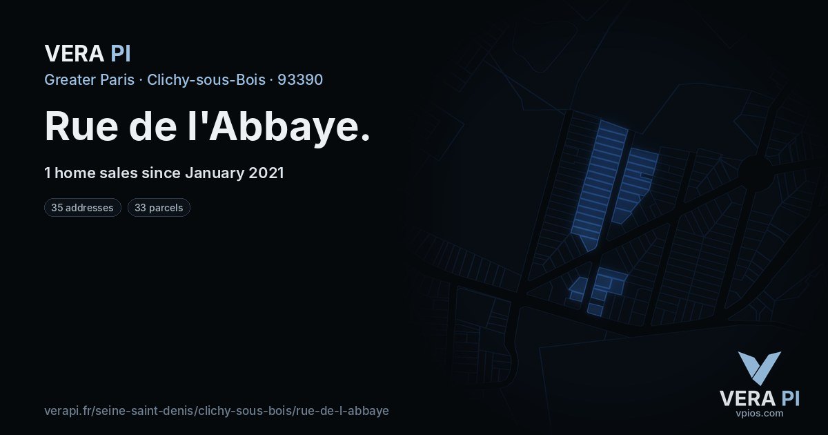 Rue de l'Abbaye, Clichy-sous-Bois at night – every parcel coloured by the prices around it, the street's own parcels lit