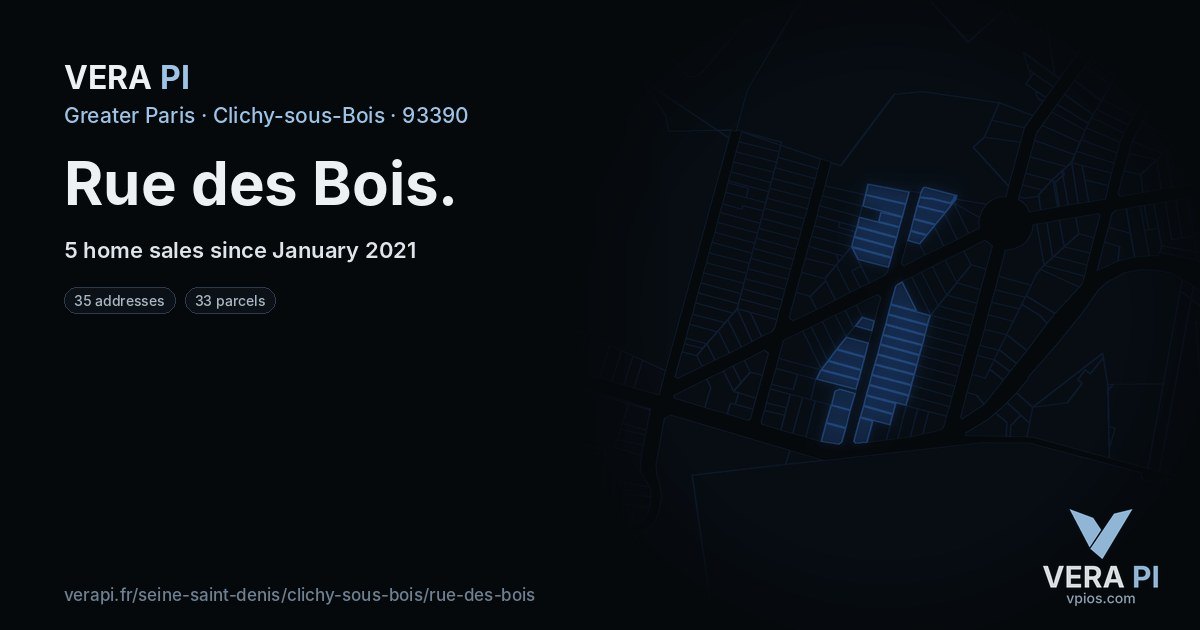 Rue des Bois, Clichy-sous-Bois at night – every parcel coloured by the prices around it, the street's own parcels lit
