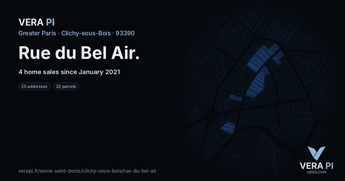 Rue du Bel Air, Clichy-sous-Bois at night – every parcel coloured by the prices around it, the street's own parcels lit