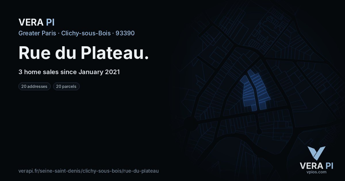 Rue du Plateau, Clichy-sous-Bois at night – every parcel coloured by the prices around it, the street's own parcels lit