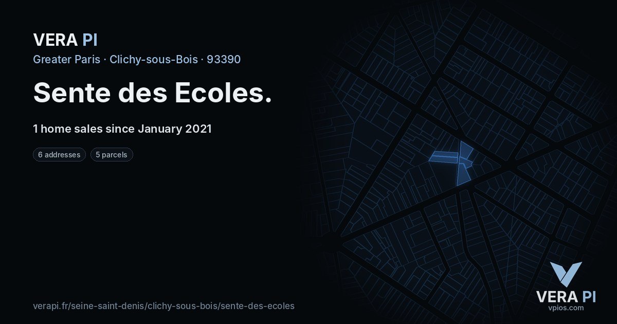 Sente des Ecoles, Clichy-sous-Bois at night – every parcel coloured by the prices around it, the street's own parcels lit