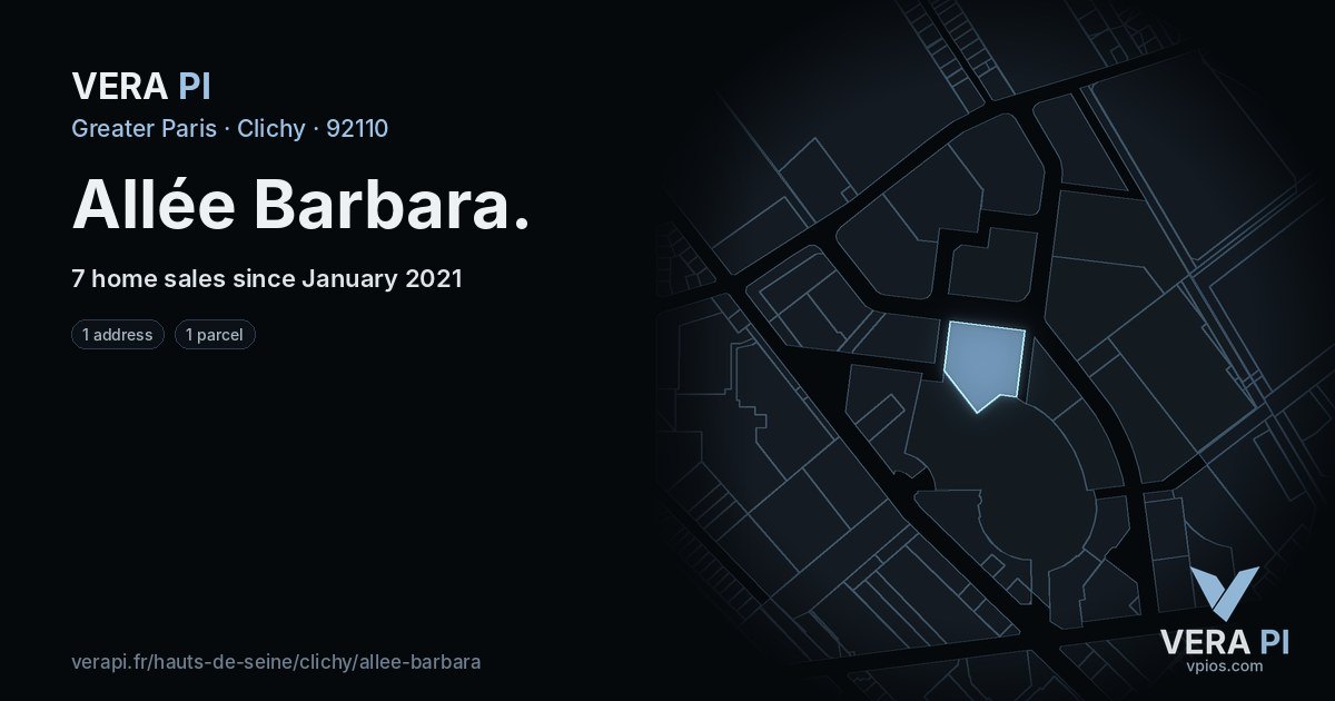 Allée Barbara, Clichy at night – every parcel coloured by the prices around it, the street's own parcels lit