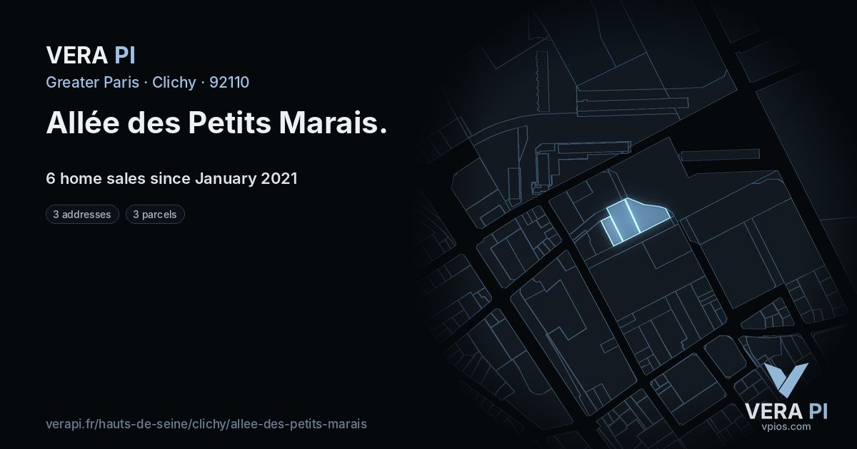Allée des Petits Marais, Clichy at night – every parcel coloured by the prices around it, the street's own parcels lit