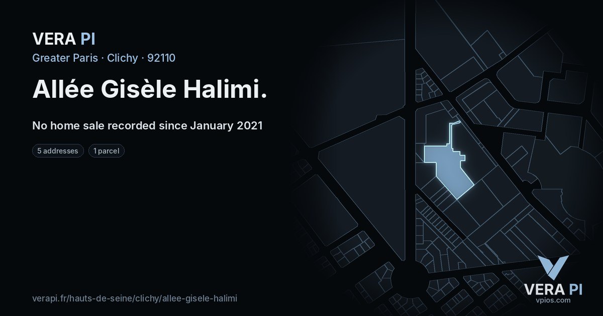 Allée Gisèle Halimi, Clichy at night – every parcel coloured by the prices around it, the street's own parcels lit