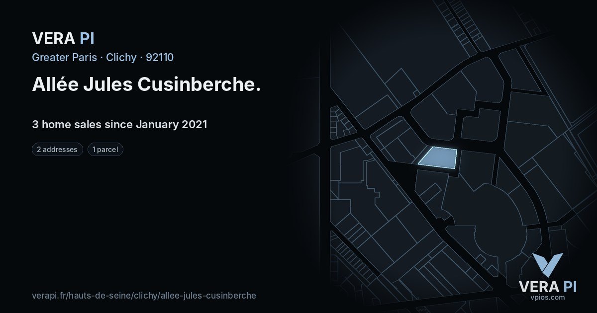Allée Jules Cusinberche, Clichy at night – every parcel coloured by the prices around it, the street's own parcels lit