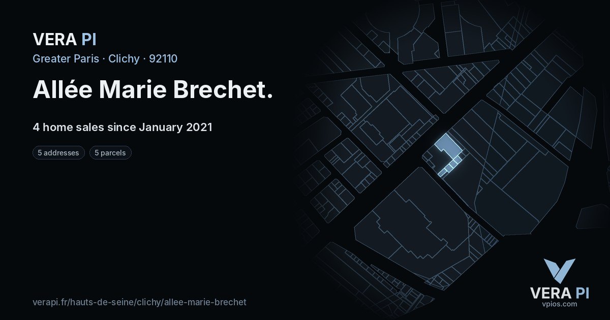 Allée Marie Brechet, Clichy at night – every parcel coloured by the prices around it, the street's own parcels lit