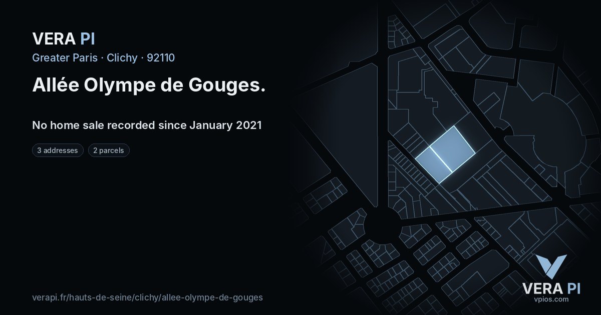 Allée Olympe de Gouges, Clichy at night – every parcel coloured by the prices around it, the street's own parcels lit