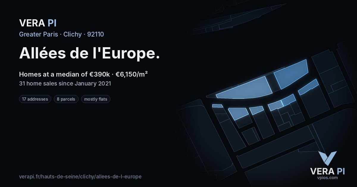 Allées de l'Europe, Clichy at night – every parcel coloured by the prices around it, the street's own parcels lit