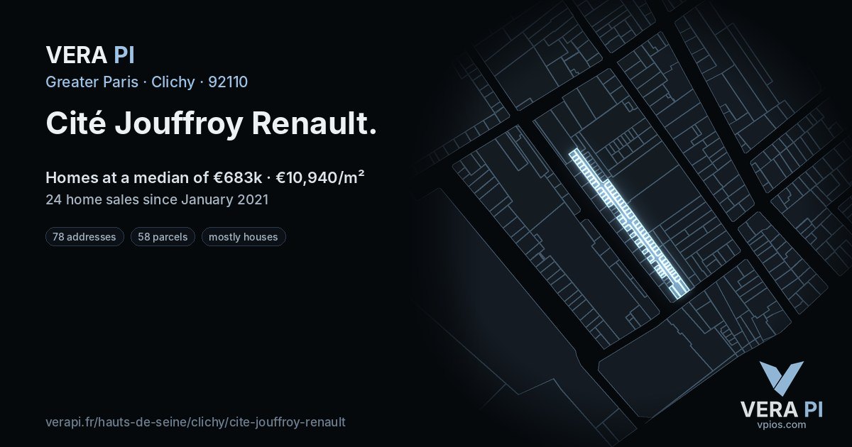 Cité Jouffroy Renault, Clichy at night – every parcel coloured by the prices around it, the street's own parcels lit