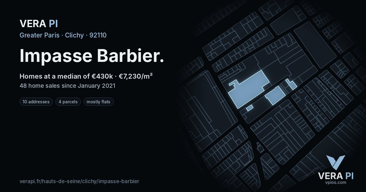 Impasse Barbier, Clichy at night – every parcel coloured by the prices around it, the street's own parcels lit