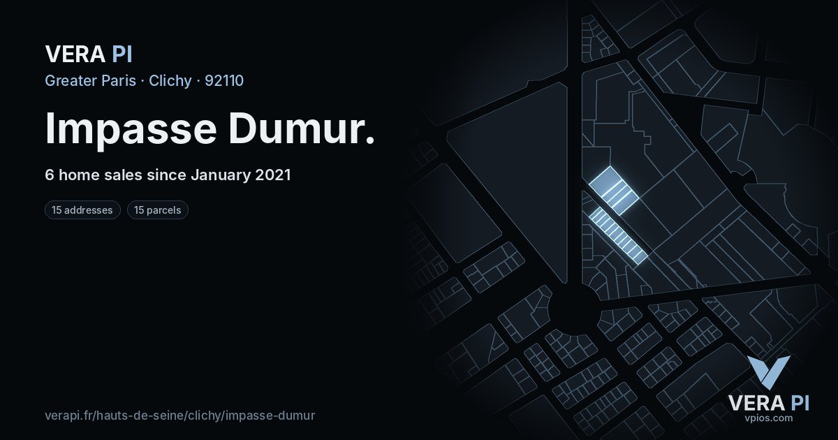 Impasse Dumur, Clichy at night – every parcel coloured by the prices around it, the street's own parcels lit