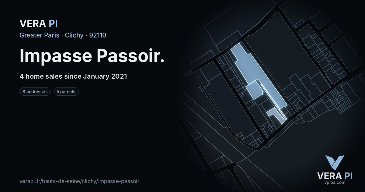 Impasse Passoir, Clichy at night – every parcel coloured by the prices around it, the street's own parcels lit