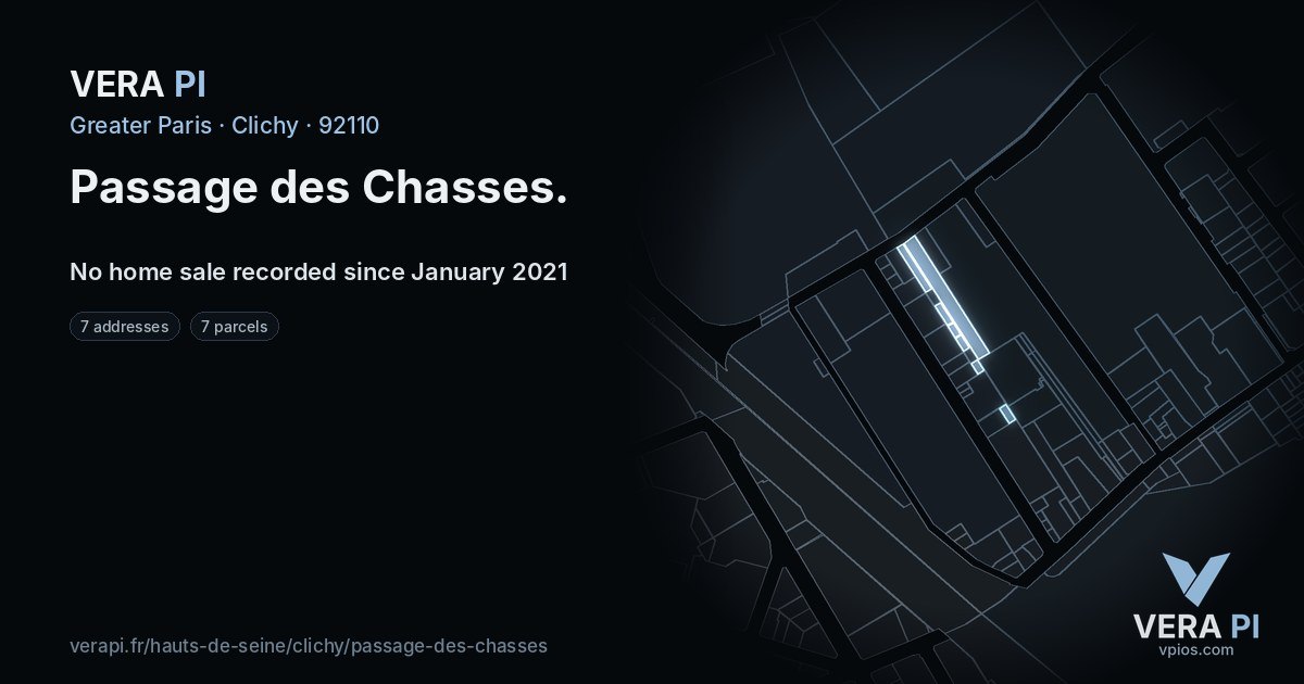 Passage des Chasses, Clichy at night – every parcel coloured by the prices around it, the street's own parcels lit