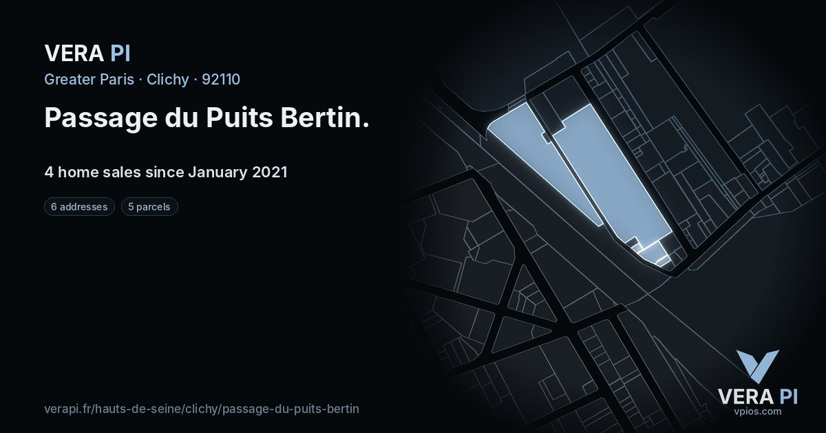 Passage du Puits Bertin, Clichy at night – every parcel coloured by the prices around it, the street's own parcels lit