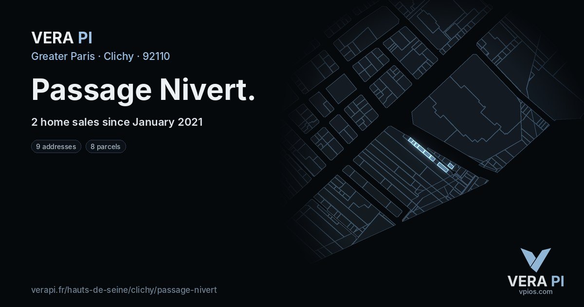 Passage Nivert, Clichy at night – every parcel coloured by the prices around it, the street's own parcels lit