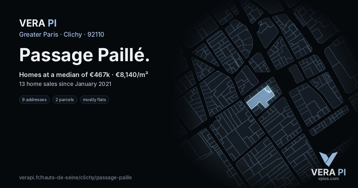 Passage Paillé, Clichy at night – every parcel coloured by the prices around it, the street's own parcels lit