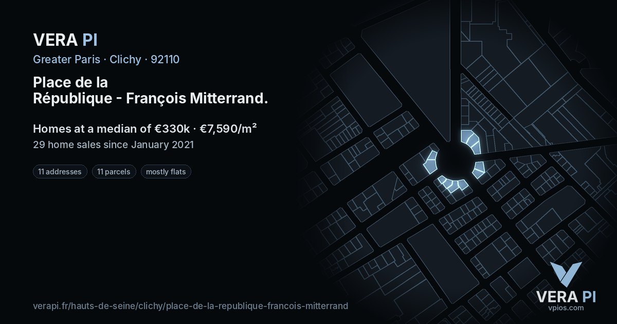 Place de la République - François Mitterrand, Clichy at night – every parcel coloured by the prices around it, the street's own parcels lit