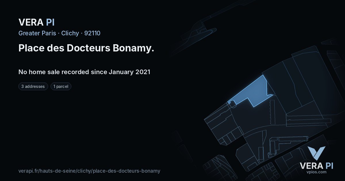 Place des Docteurs Bonamy, Clichy at night – every parcel coloured by the prices around it, the street's own parcels lit