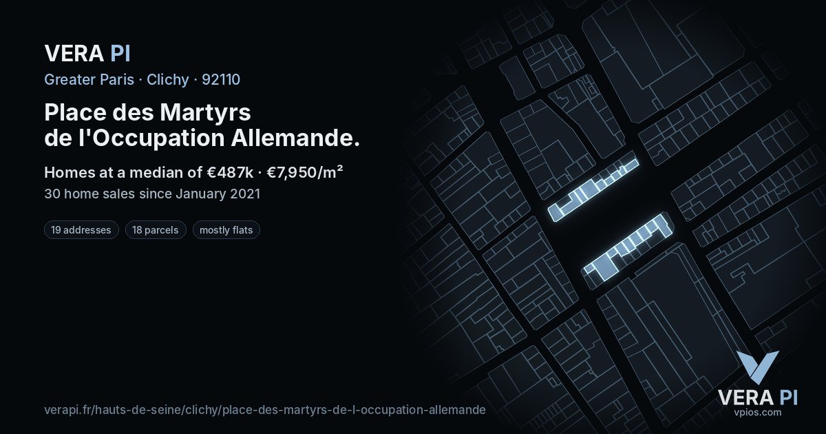 Place des Martyrs de l'Occupation Allemande, Clichy at night – every parcel coloured by the prices around it, the street's own parcels lit