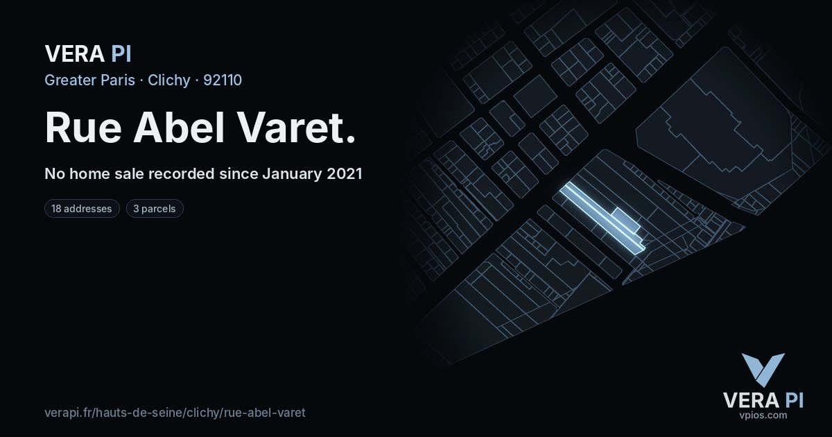 Rue Abel Varet, Clichy at night – every parcel coloured by the prices around it, the street's own parcels lit