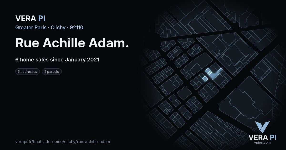 Rue Achille Adam, Clichy at night – every parcel coloured by the prices around it, the street's own parcels lit
