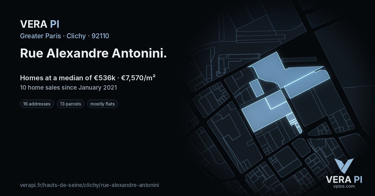 Rue Alexandre Antonini, Clichy at night – every parcel coloured by the prices around it, the street's own parcels lit