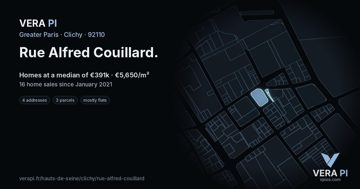 Rue Alfred Couillard, Clichy at night – every parcel coloured by the prices around it, the street's own parcels lit