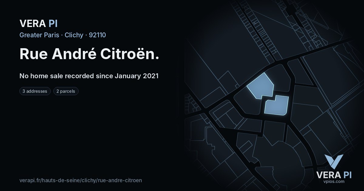 Rue André Citroën, Clichy at night – every parcel coloured by the prices around it, the street's own parcels lit