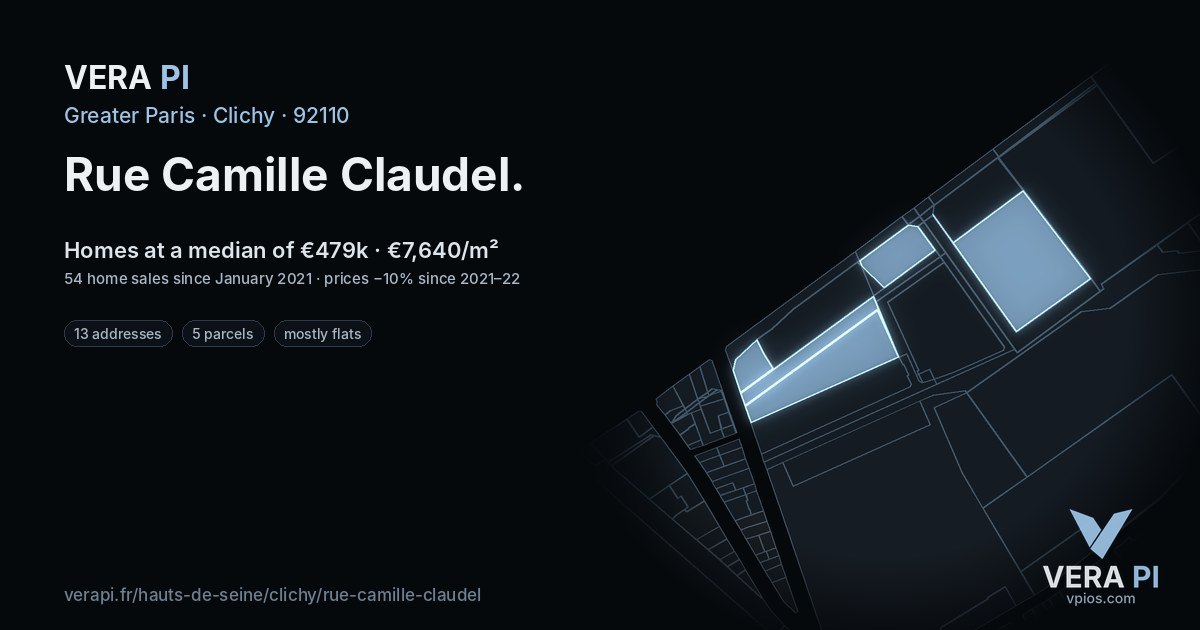 Rue Camille Claudel, Clichy at night – every parcel coloured by the prices around it, the street's own parcels lit