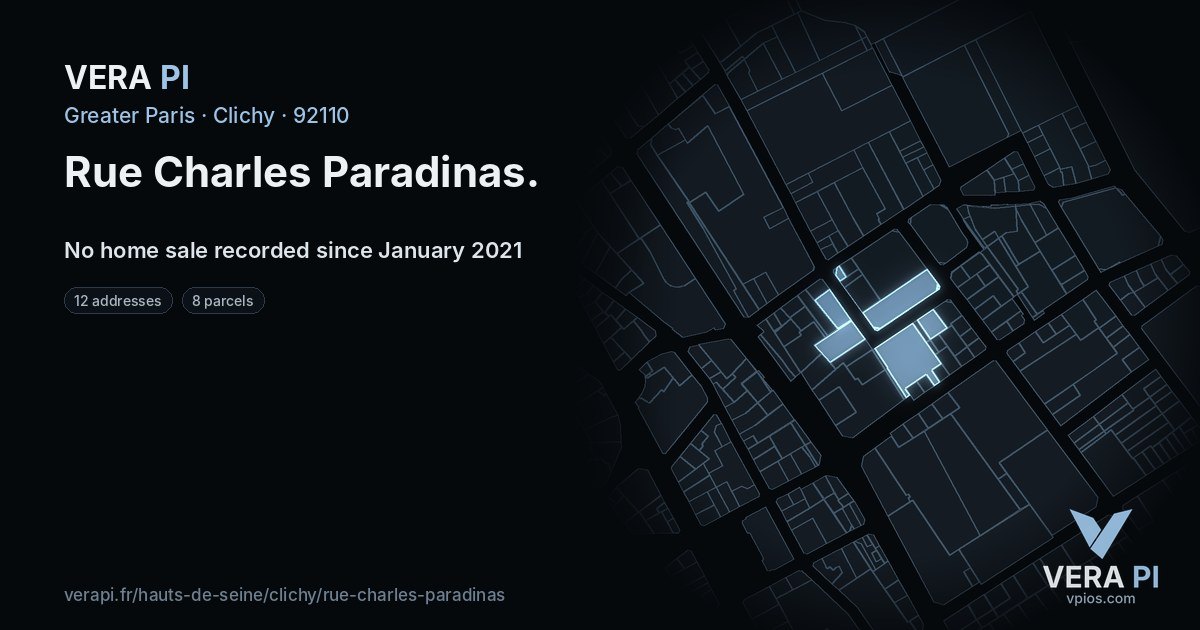Rue Charles Paradinas, Clichy at night – every parcel coloured by the prices around it, the street's own parcels lit