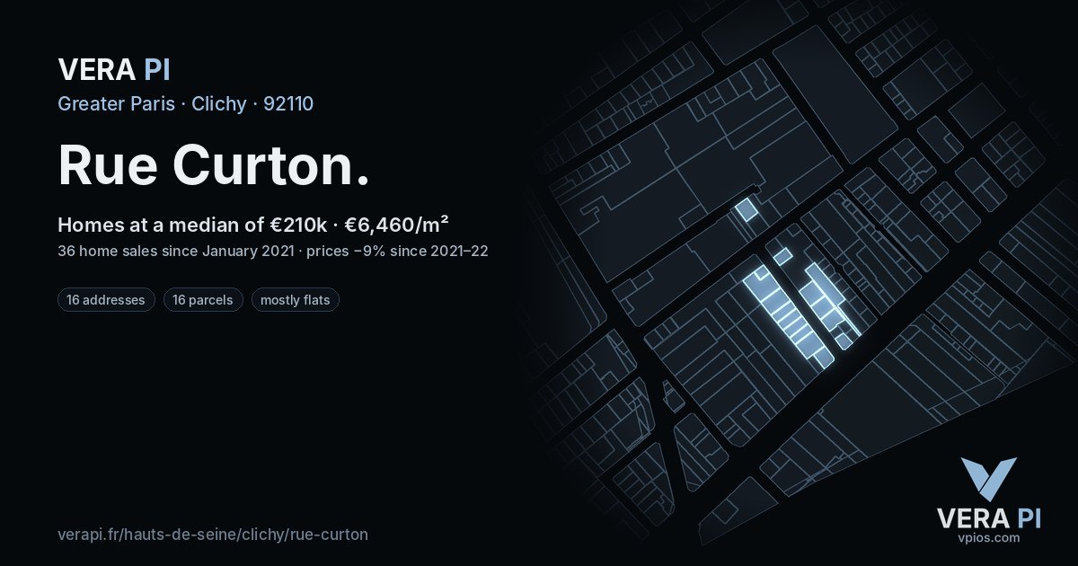 Rue Curton, Clichy at night – every parcel coloured by the prices around it, the street's own parcels lit