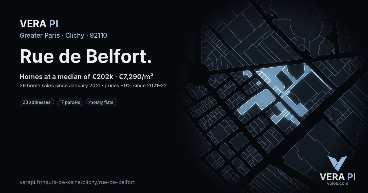 Rue de Belfort, Clichy at night – every parcel coloured by the prices around it, the street's own parcels lit