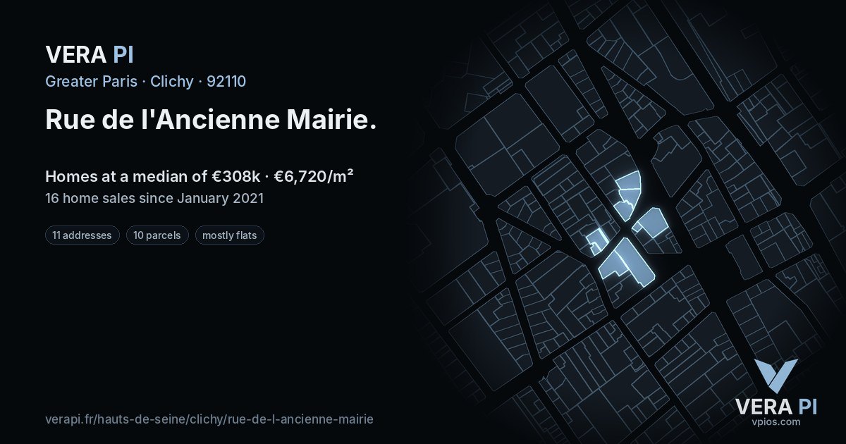Rue de l'Ancienne Mairie, Clichy at night – every parcel coloured by the prices around it, the street's own parcels lit