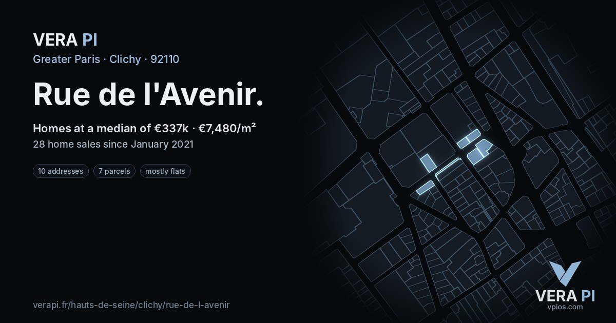 Rue de l'Avenir, Clichy at night – every parcel coloured by the prices around it, the street's own parcels lit