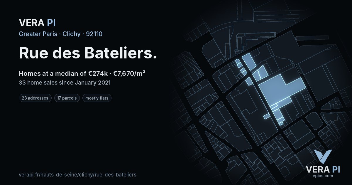 Rue des Bateliers, Clichy at night – every parcel coloured by the prices around it, the street's own parcels lit