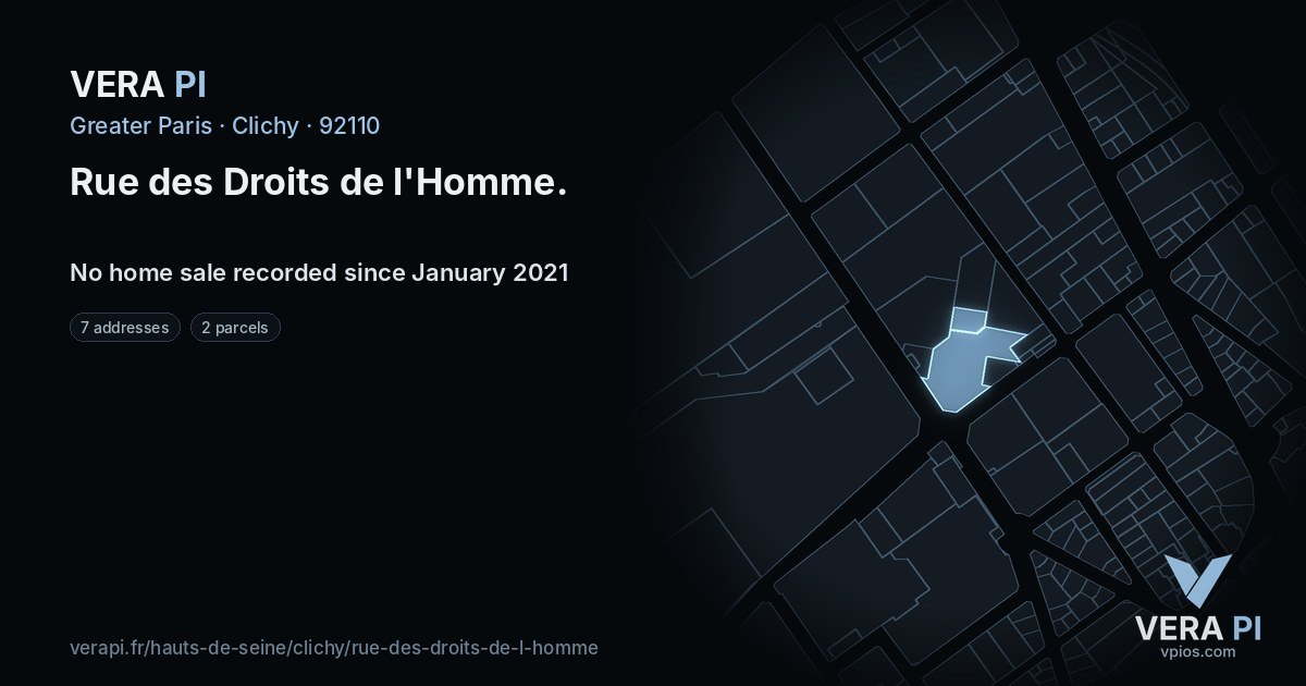Rue des Droits de l'Homme, Clichy at night – every parcel coloured by the prices around it, the street's own parcels lit
