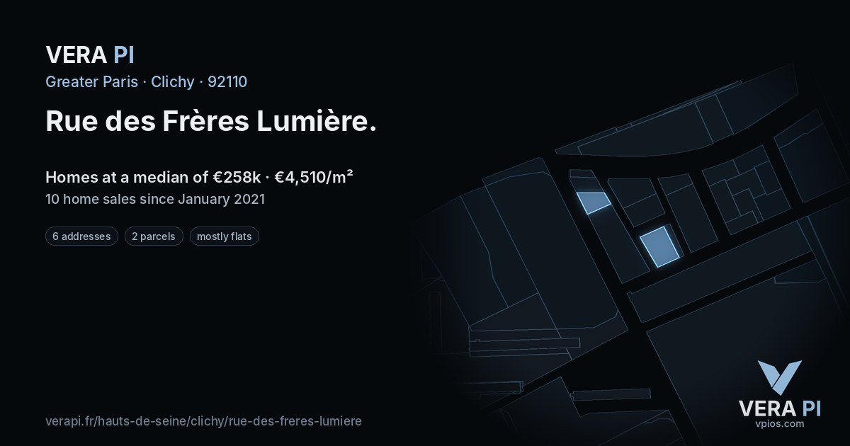 Rue des Frères Lumière, Clichy at night – every parcel coloured by the prices around it, the street's own parcels lit