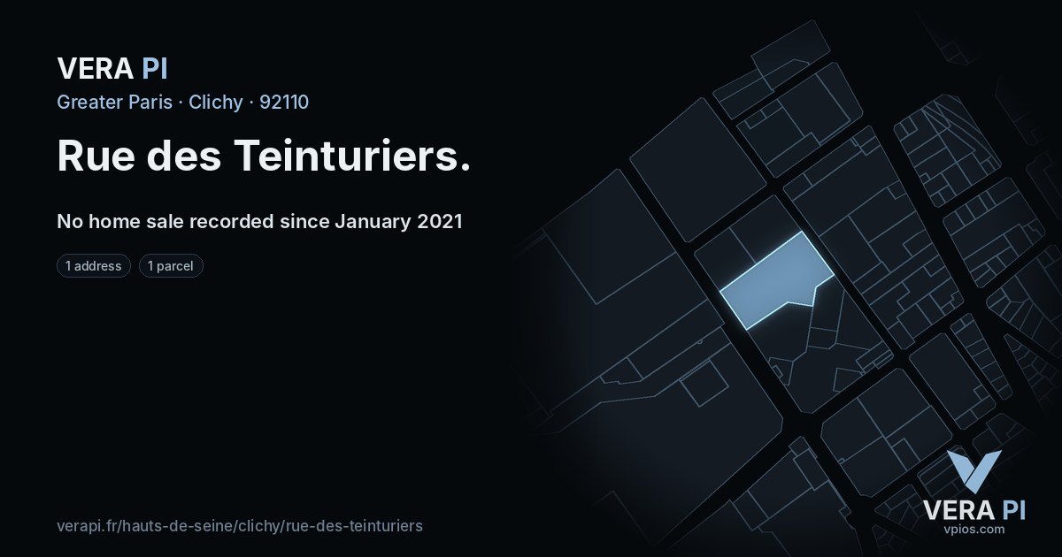 Rue des Teinturiers, Clichy at night – every parcel coloured by the prices around it, the street's own parcels lit