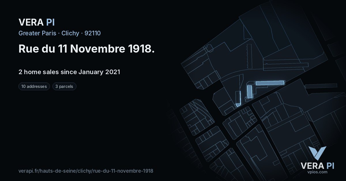 Rue du 11 Novembre 1918, Clichy at night – every parcel coloured by the prices around it, the street's own parcels lit