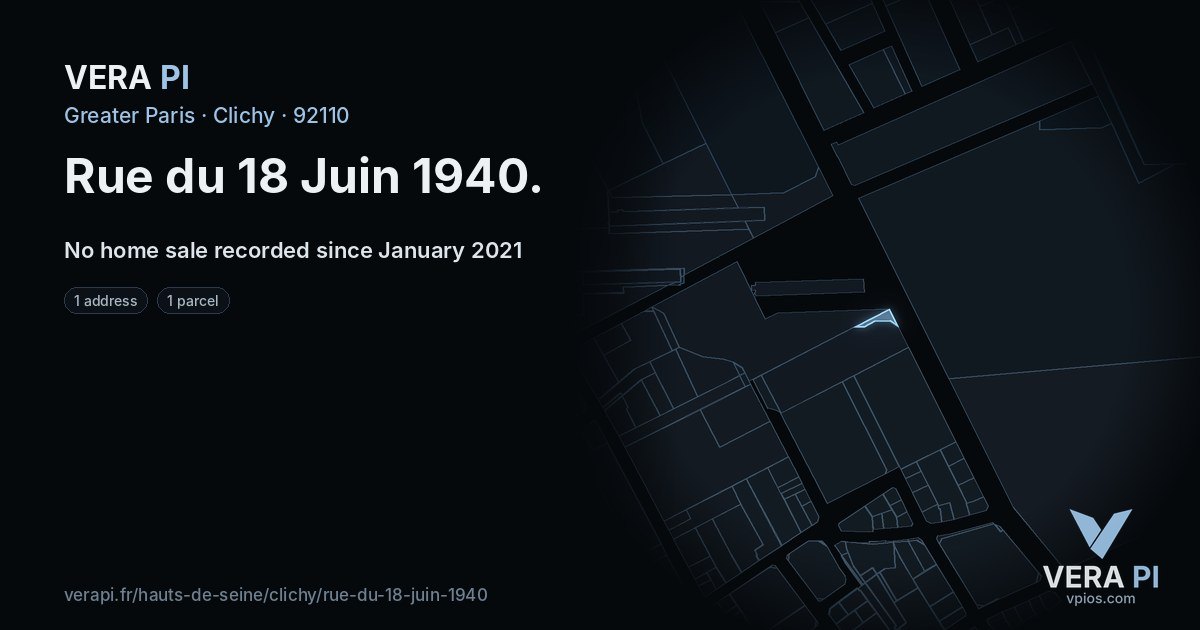 Rue du 18 Juin 1940, Clichy at night – every parcel coloured by the prices around it, the street's own parcels lit