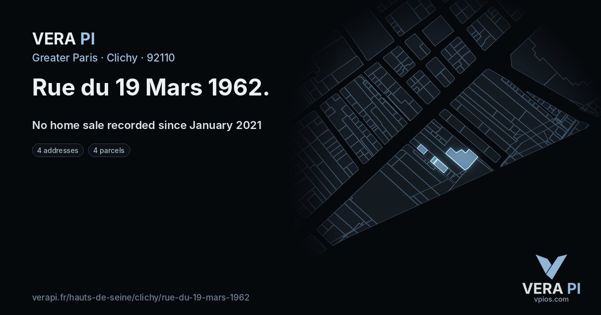 Rue du 19 Mars 1962, Clichy at night – every parcel coloured by the prices around it, the street's own parcels lit