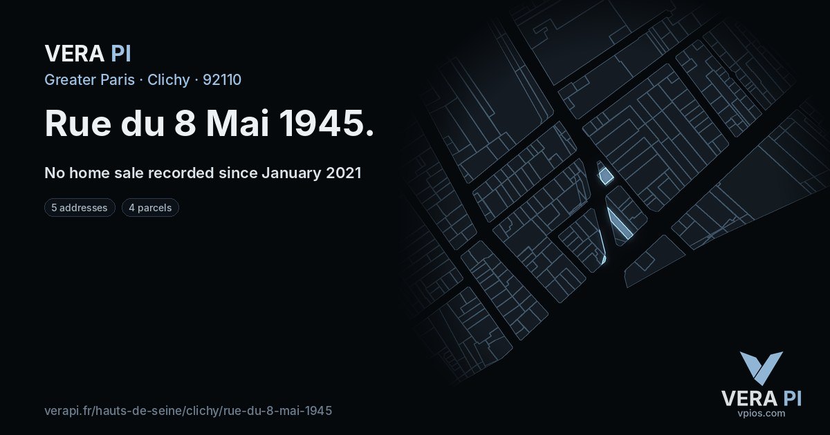 Rue du 8 Mai 1945, Clichy at night – every parcel coloured by the prices around it, the street's own parcels lit
