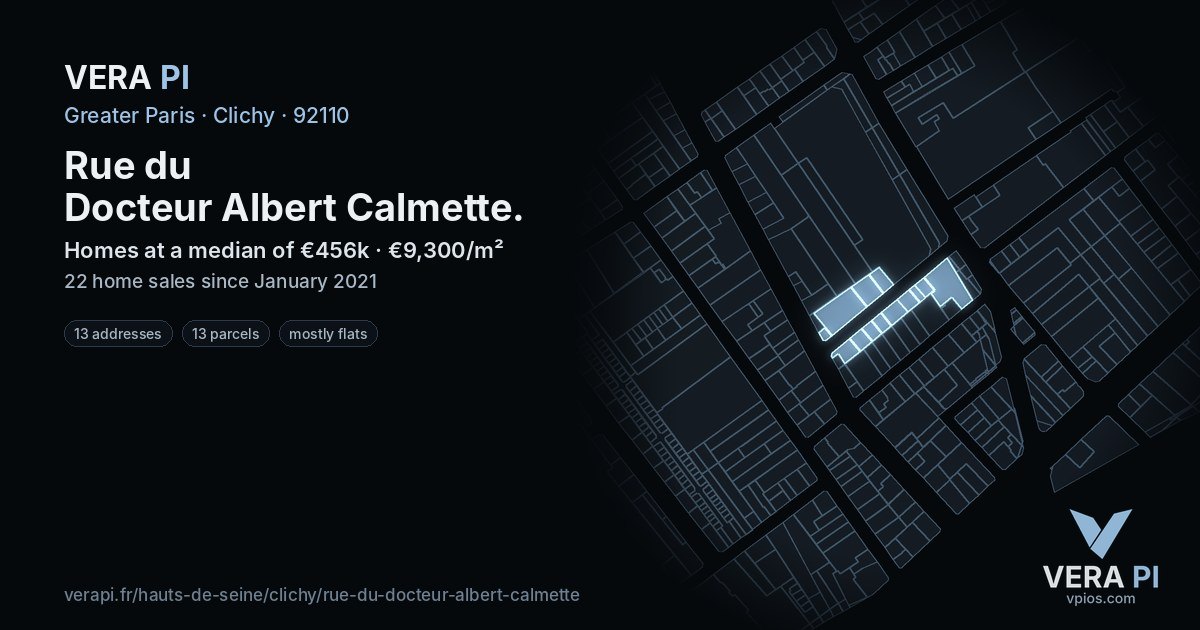 Rue du Docteur Albert Calmette, Clichy at night – every parcel coloured by the prices around it, the street's own parcels lit