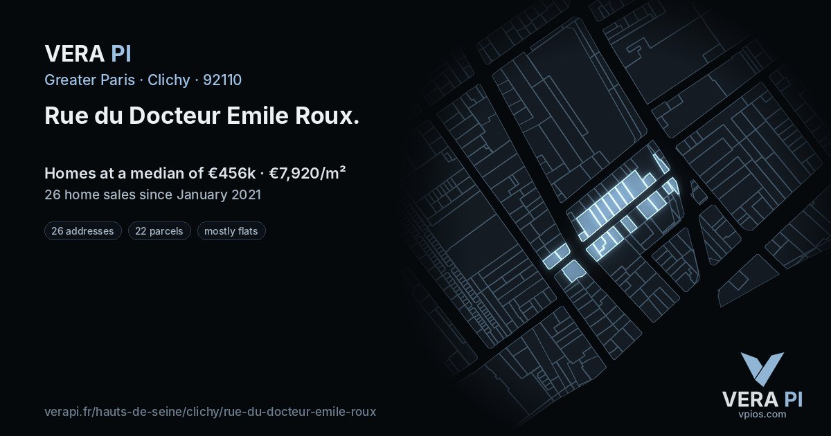 Rue du Docteur Emile Roux, Clichy at night – every parcel coloured by the prices around it, the street's own parcels lit