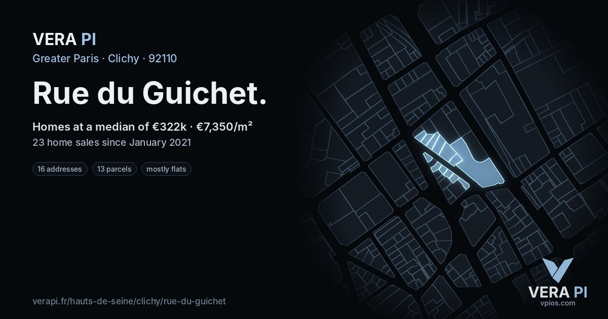 Rue du Guichet, Clichy at night – every parcel coloured by the prices around it, the street's own parcels lit