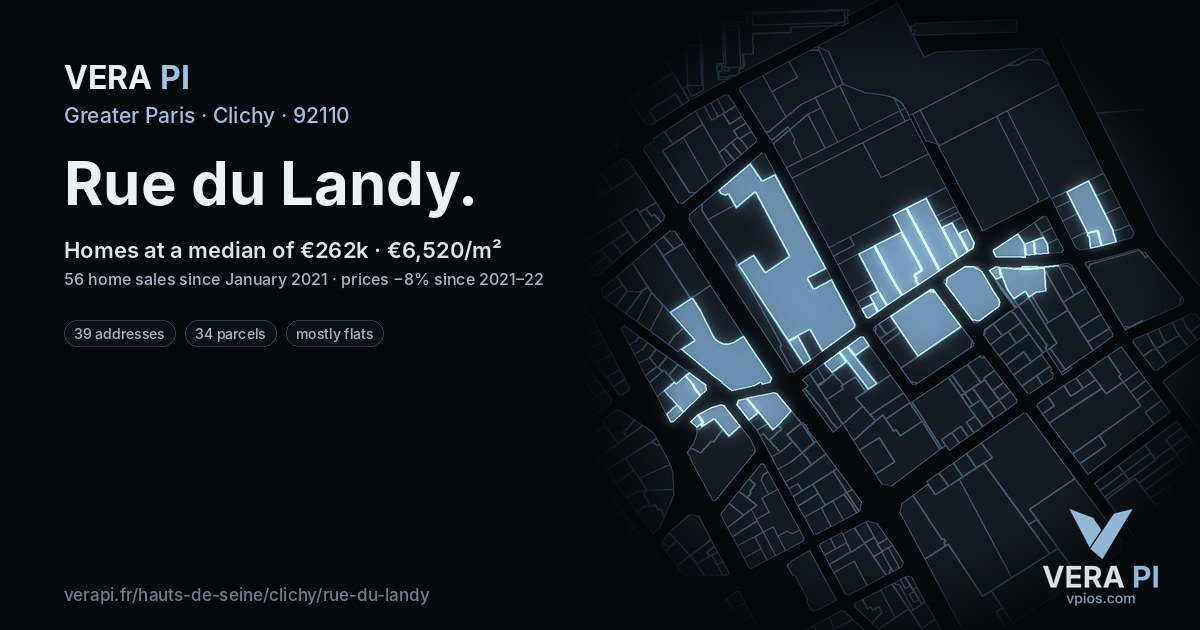 Rue du Landy, Clichy at night – every parcel coloured by the prices around it, the street's own parcels lit